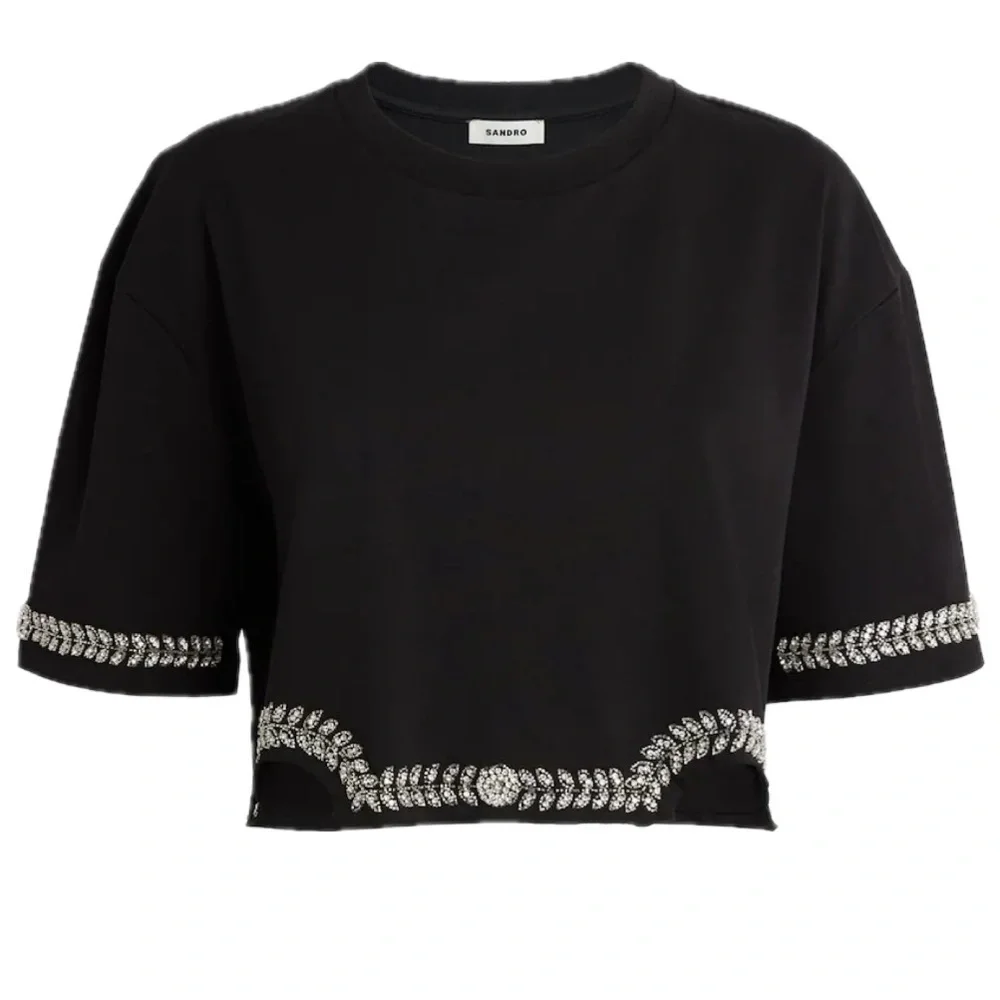 NWT ✨ SANDRO Rhinestone Tee T-Shirt Cropped Black 0 XS - Picture 4 of 14